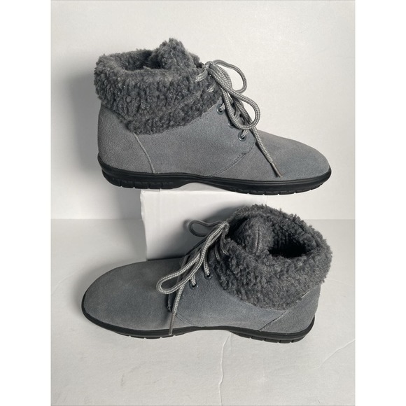 Heavenly Comfort Gray Sherpa Leather Suede Ankle Boots Size 7W Woman’s Booties - Picture 4 of 12
